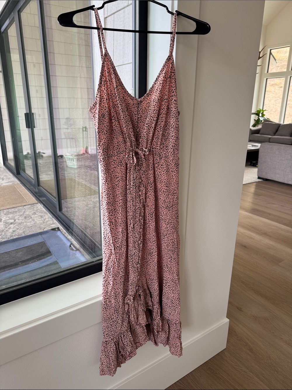 Women’s Pink Spotted Midi Dress with Tie Waist